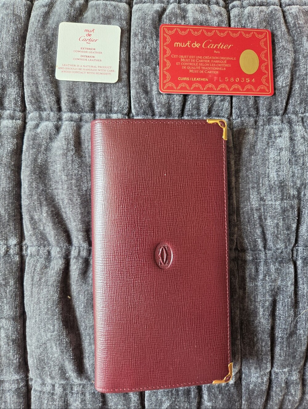 Cartier Burgundy Leather Long Wallet with Gold Corner Accents